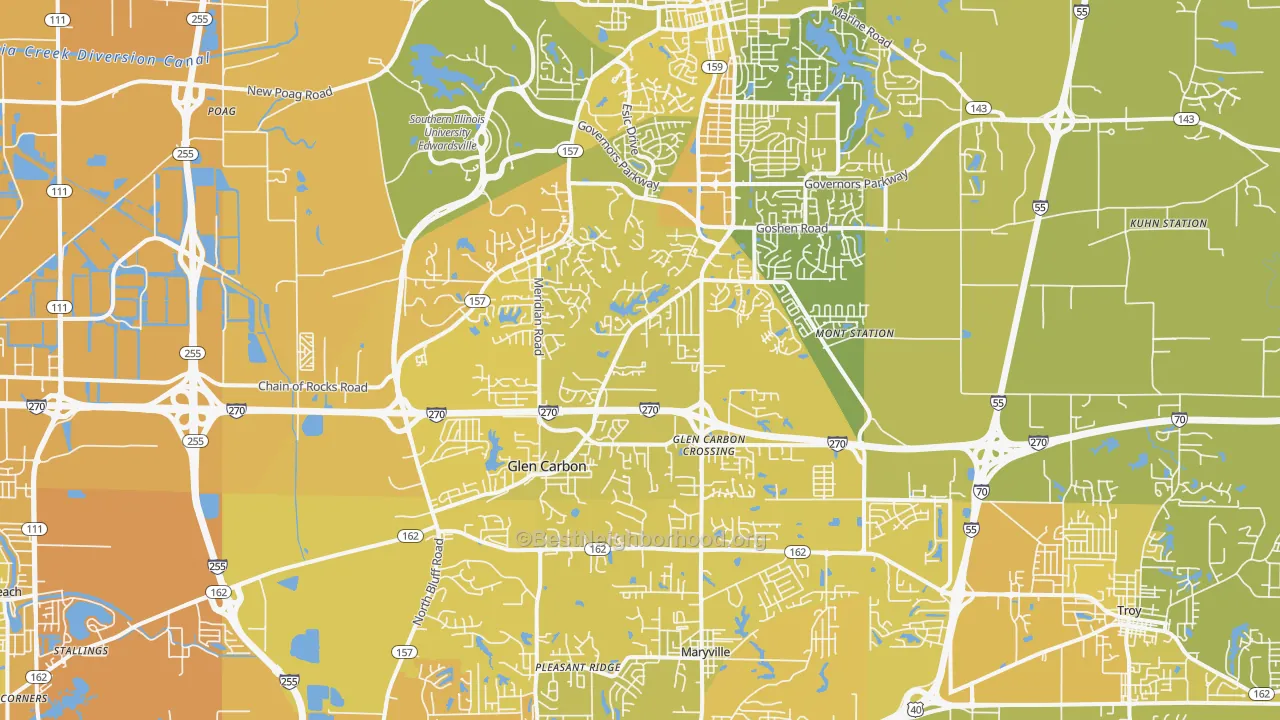 Map of the best neighborhoods in the Glen Carbon area, with better matches in green and worse matches in red