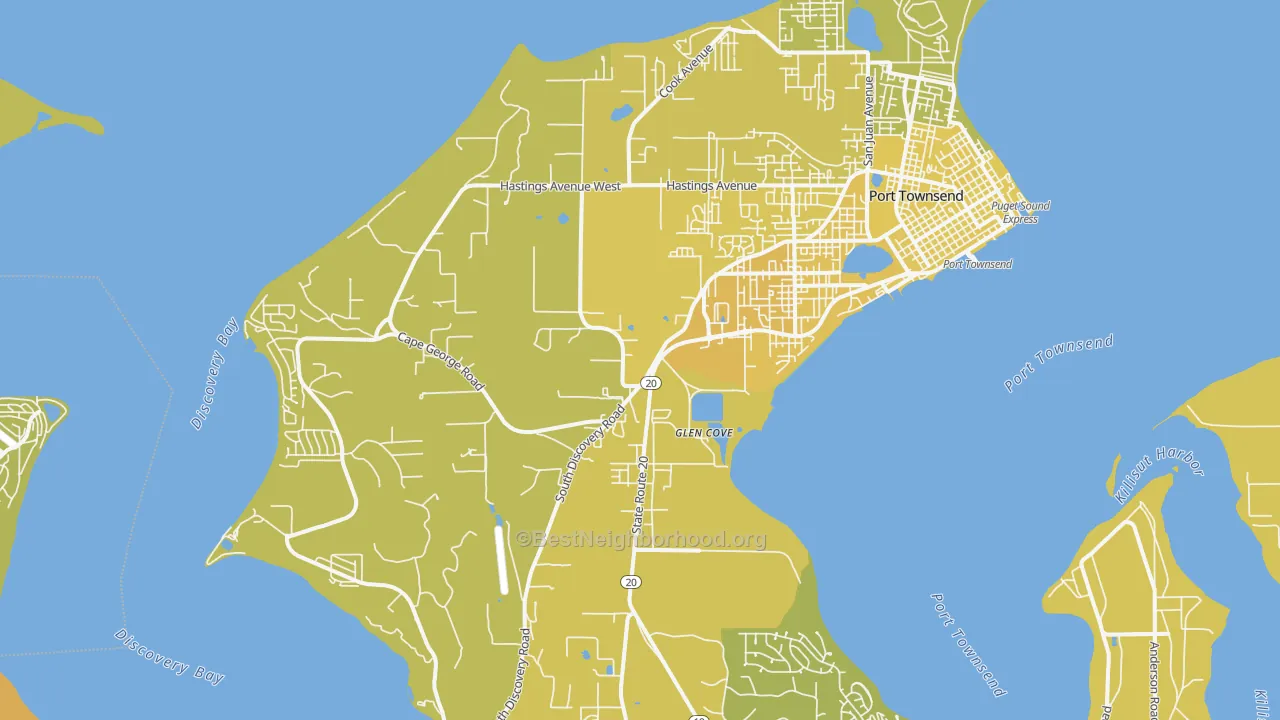 Map of the best neighborhoods in the Glen Cove area, with better matches in green and worse matches in red