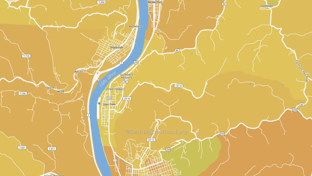Map of the best neighborhoods in the Glen Dale area, with better matches in green and worse matches in red