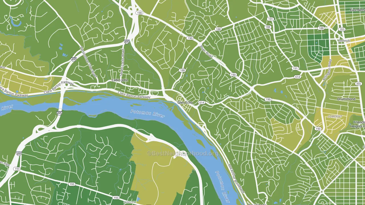 Map of the best neighborhoods in the Glen Echo area, with better matches in green and worse matches in red