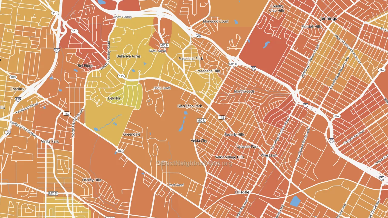 Map of the best neighborhoods in the Glen Echo Park area, with better matches in green and worse matches in red