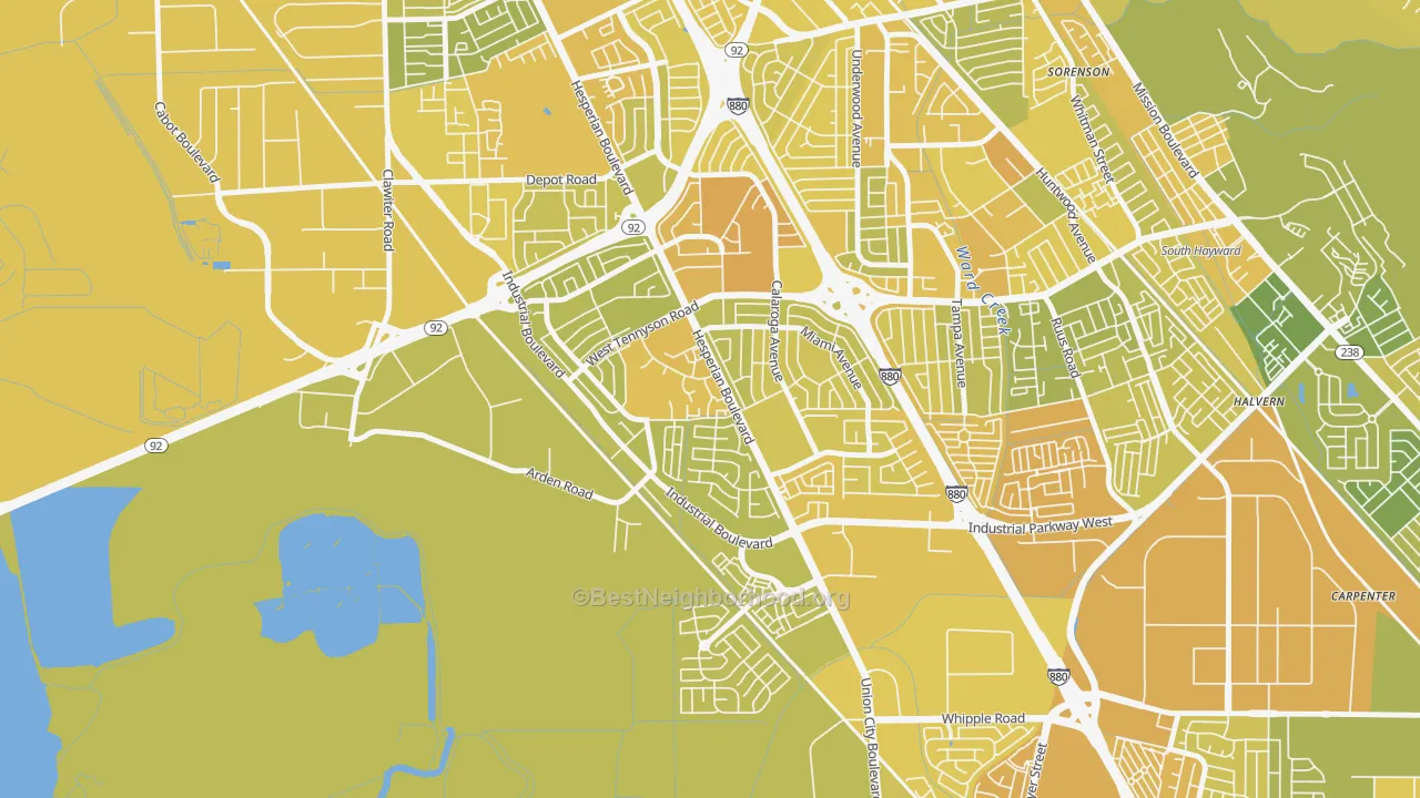 Map of the best neighborhoods in the Glen Eden, Hayward area, with better matches in green and worse matches in red