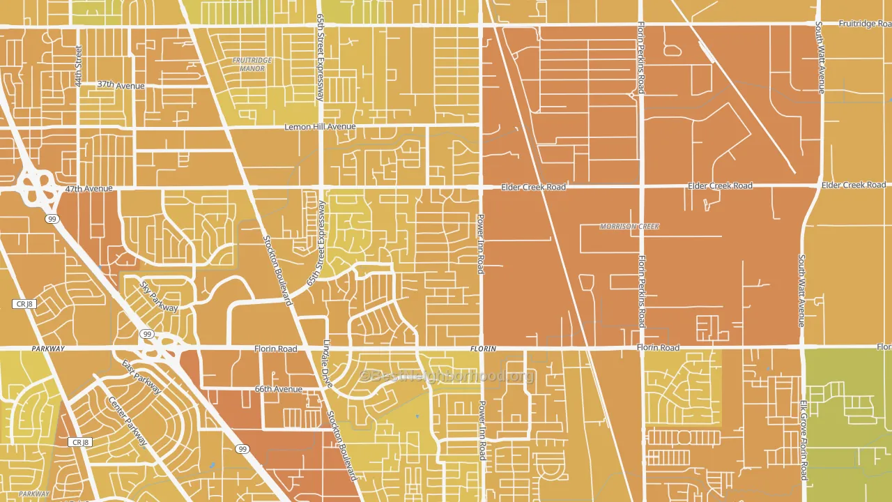 Map of the best neighborhoods in the Glen Elder, Sacramento area, with better matches in green and worse matches in red
