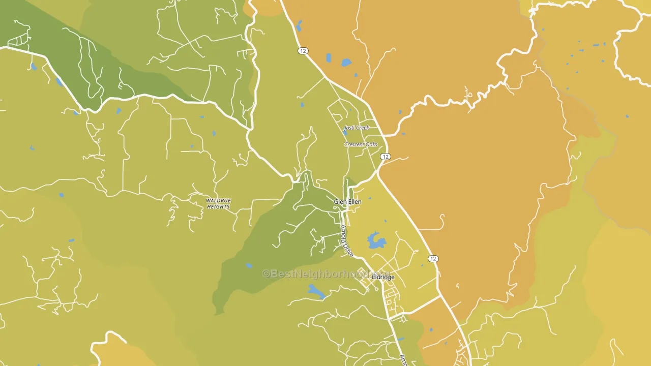 Map of the best neighborhoods in the Glen Ellen area, with better matches in green and worse matches in red