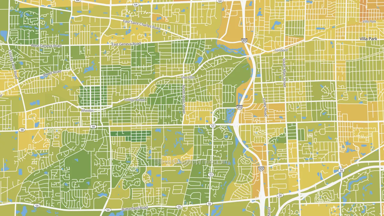 Map of the best neighborhoods in the Glen Ellyn area, with better matches in green and worse matches in red