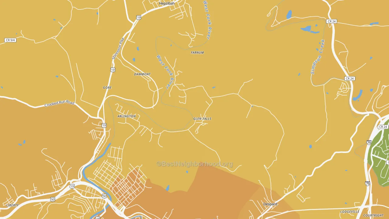 Map of the best neighborhoods in the Glen Falls area, with better matches in green and worse matches in red
