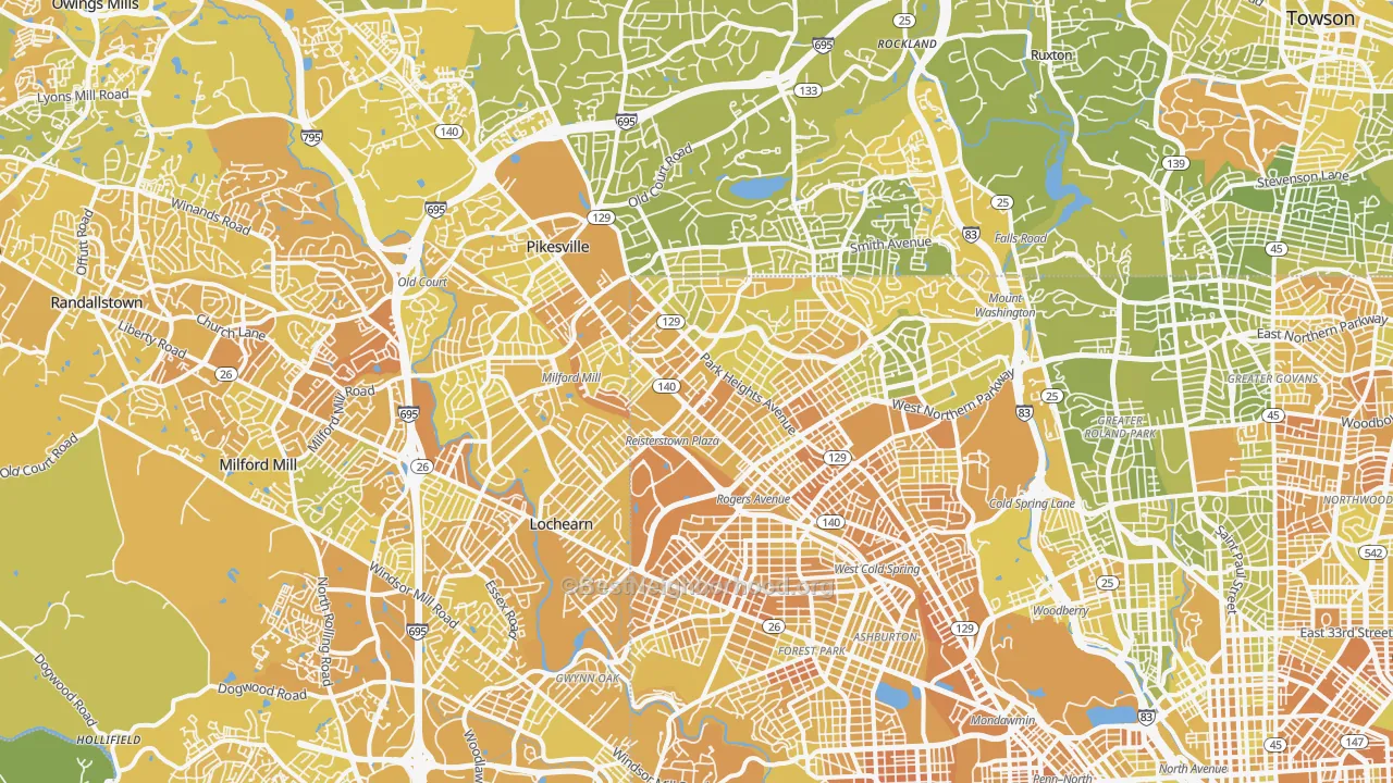 Map of the best neighborhoods in the Glen-Fallstaff, Baltimore area, with better matches in green and worse matches in red