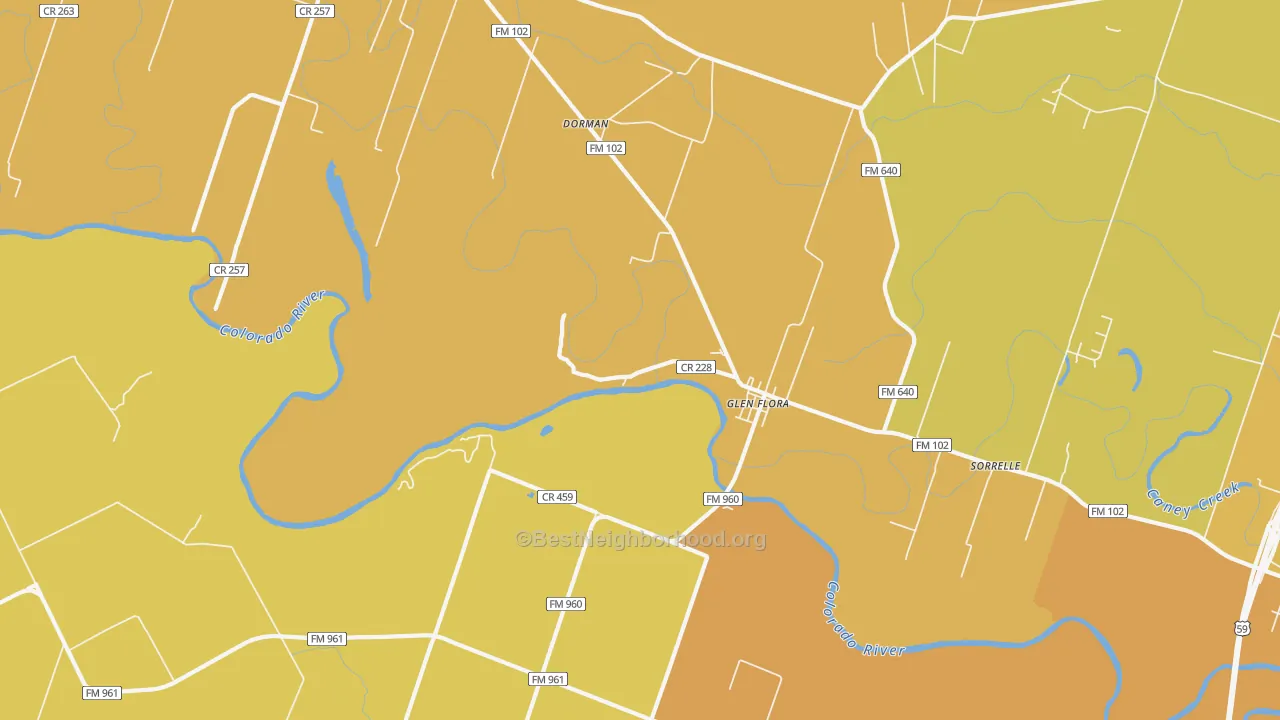 Map of the best neighborhoods in the Glen Flora area, with better matches in green and worse matches in red