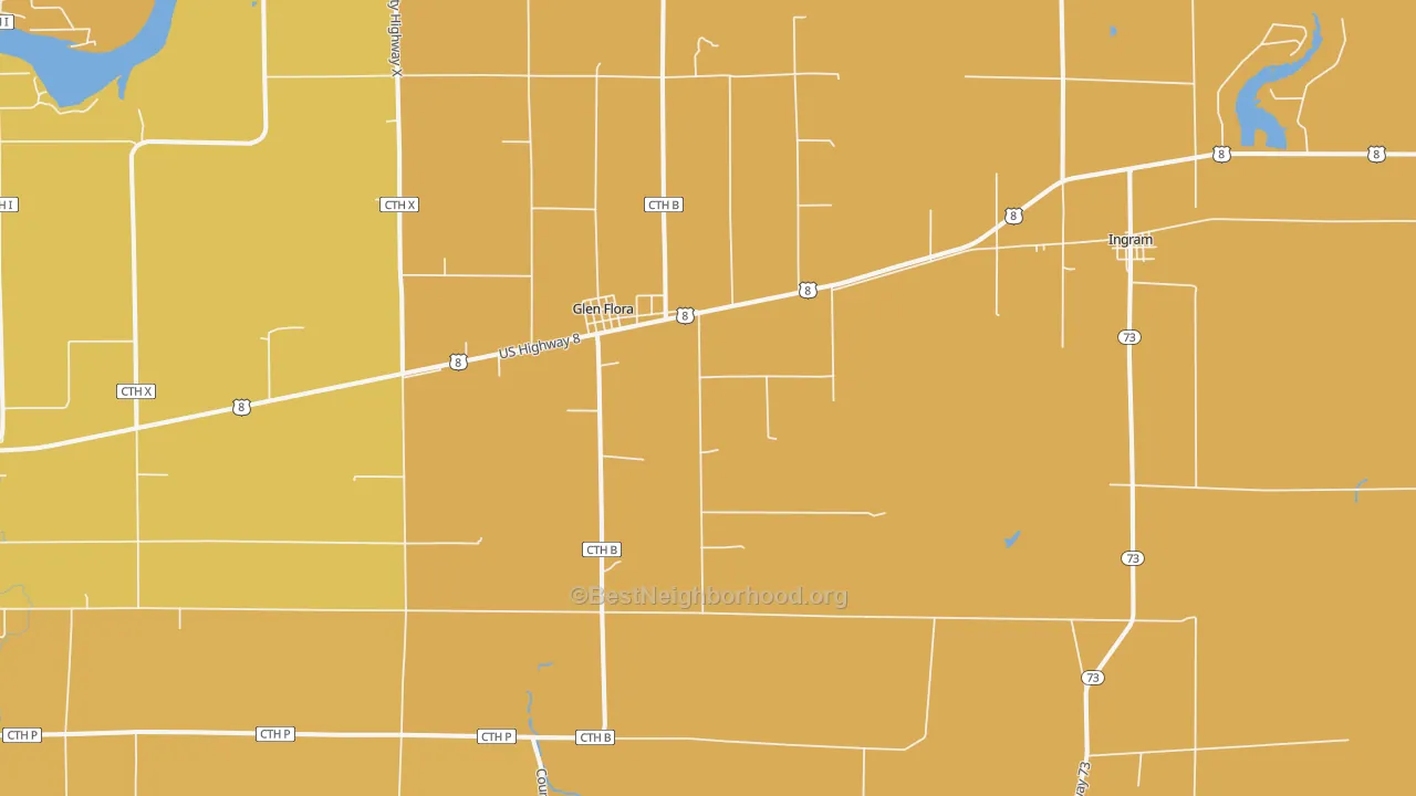Map of the best neighborhoods in the Glen Flora area, with better matches in green and worse matches in red