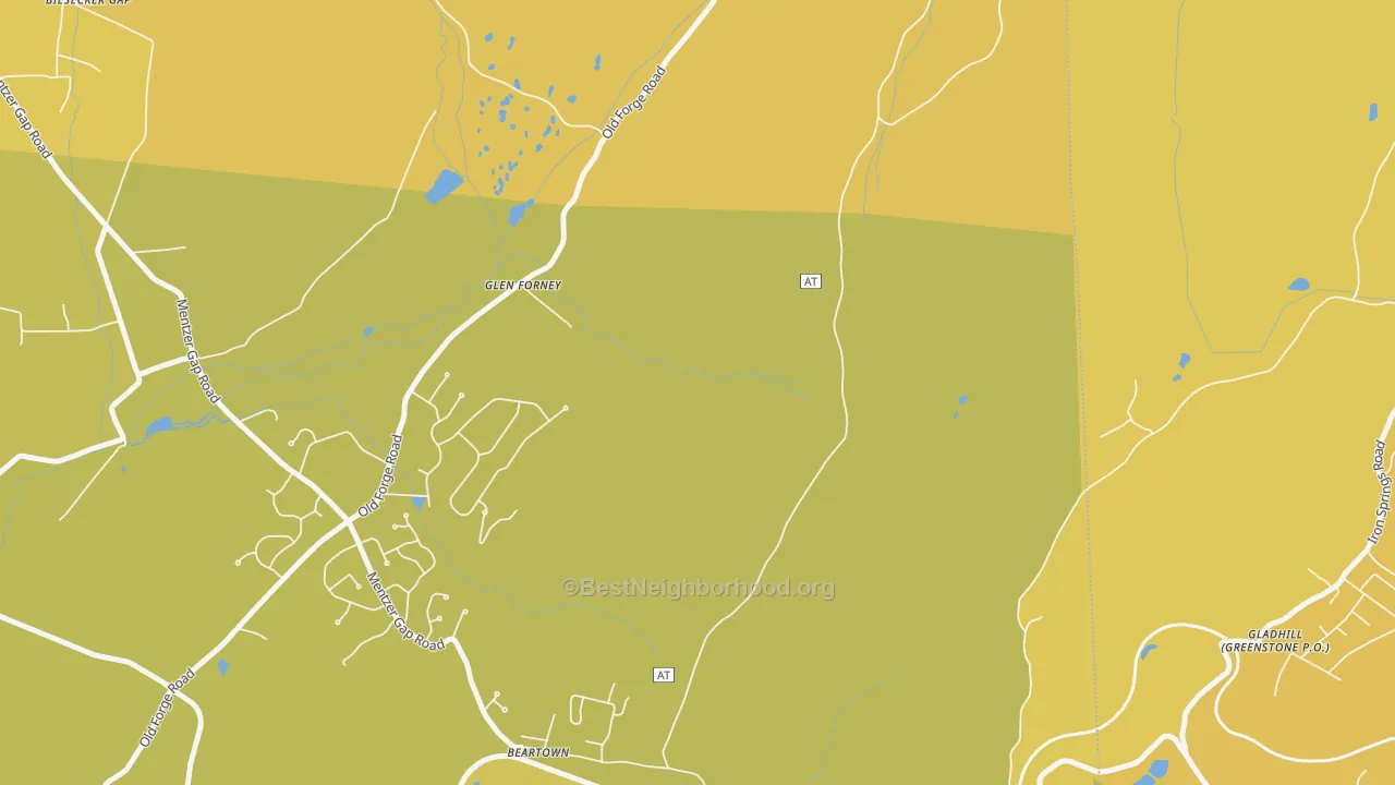 Map of the best neighborhoods in the Glen Forney area, with better matches in green and worse matches in red