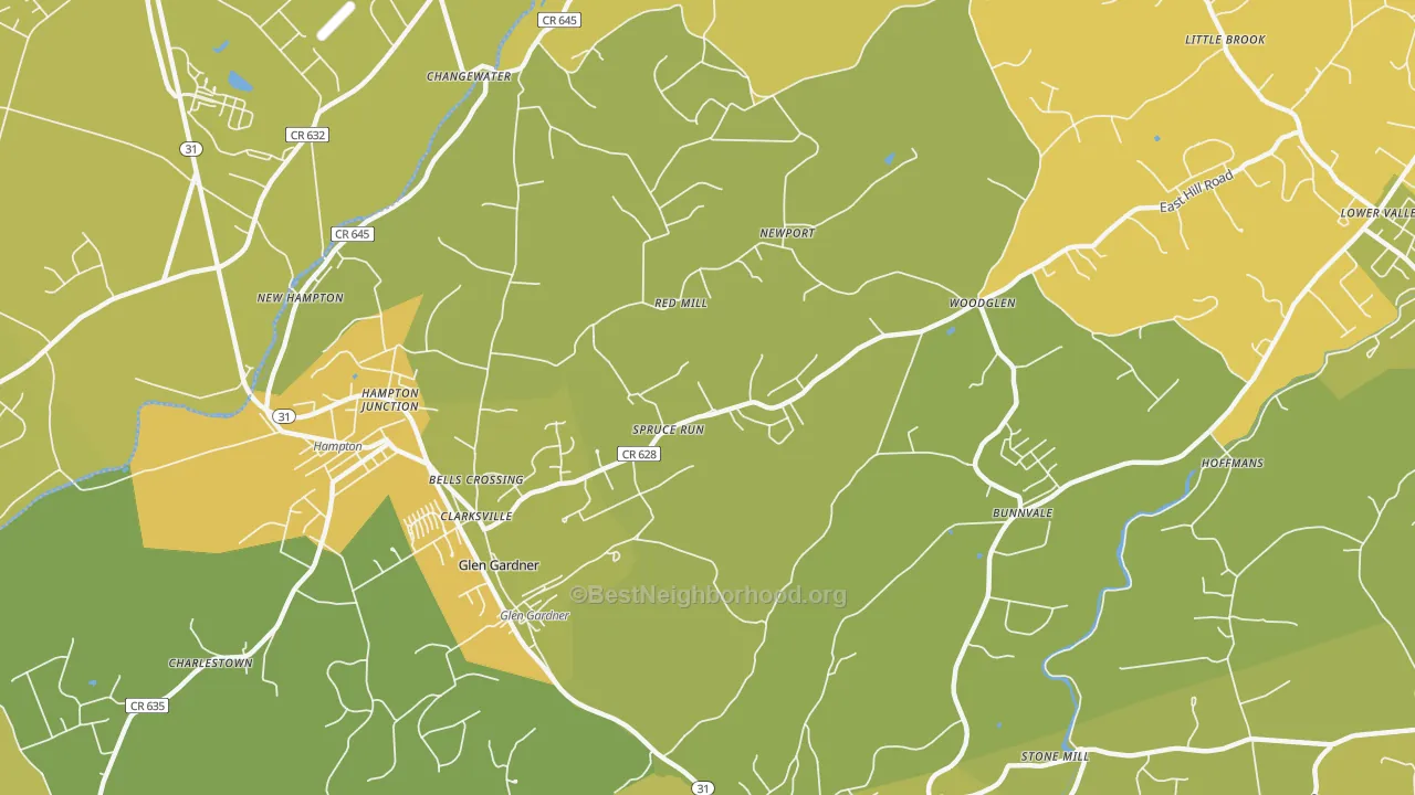 Map of the best neighborhoods in the Glen Gardner area, with better matches in green and worse matches in red