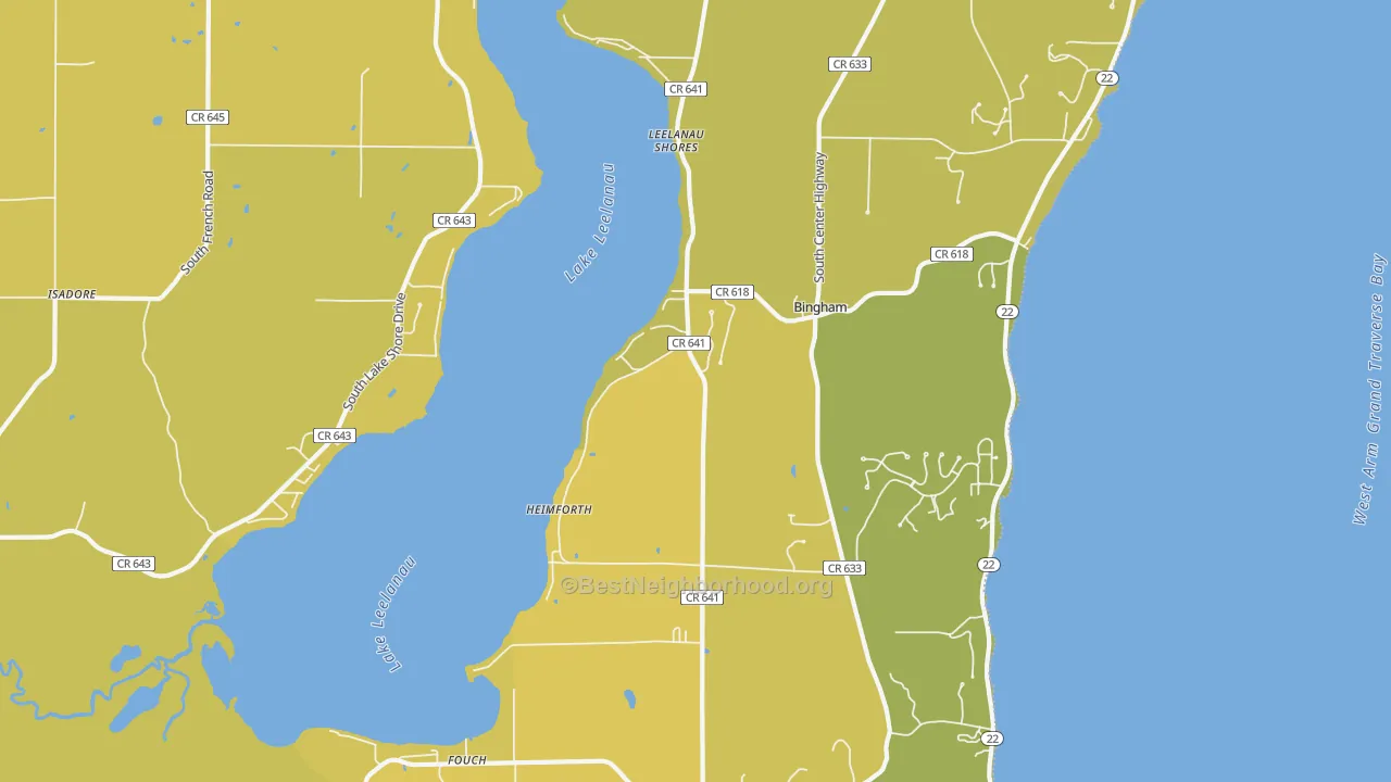 Map of the best neighborhoods in the Glen Haven area, with better matches in green and worse matches in red