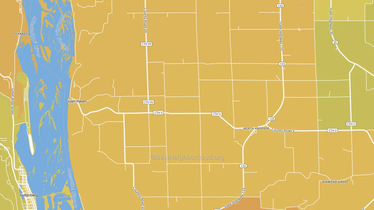 Map of the best neighborhoods in the Glen Haven area, with better matches in green and worse matches in red