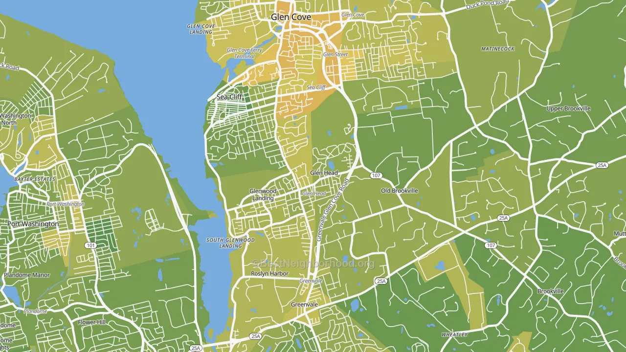 Map of the best neighborhoods in the Glen Head area, with better matches in green and worse matches in red