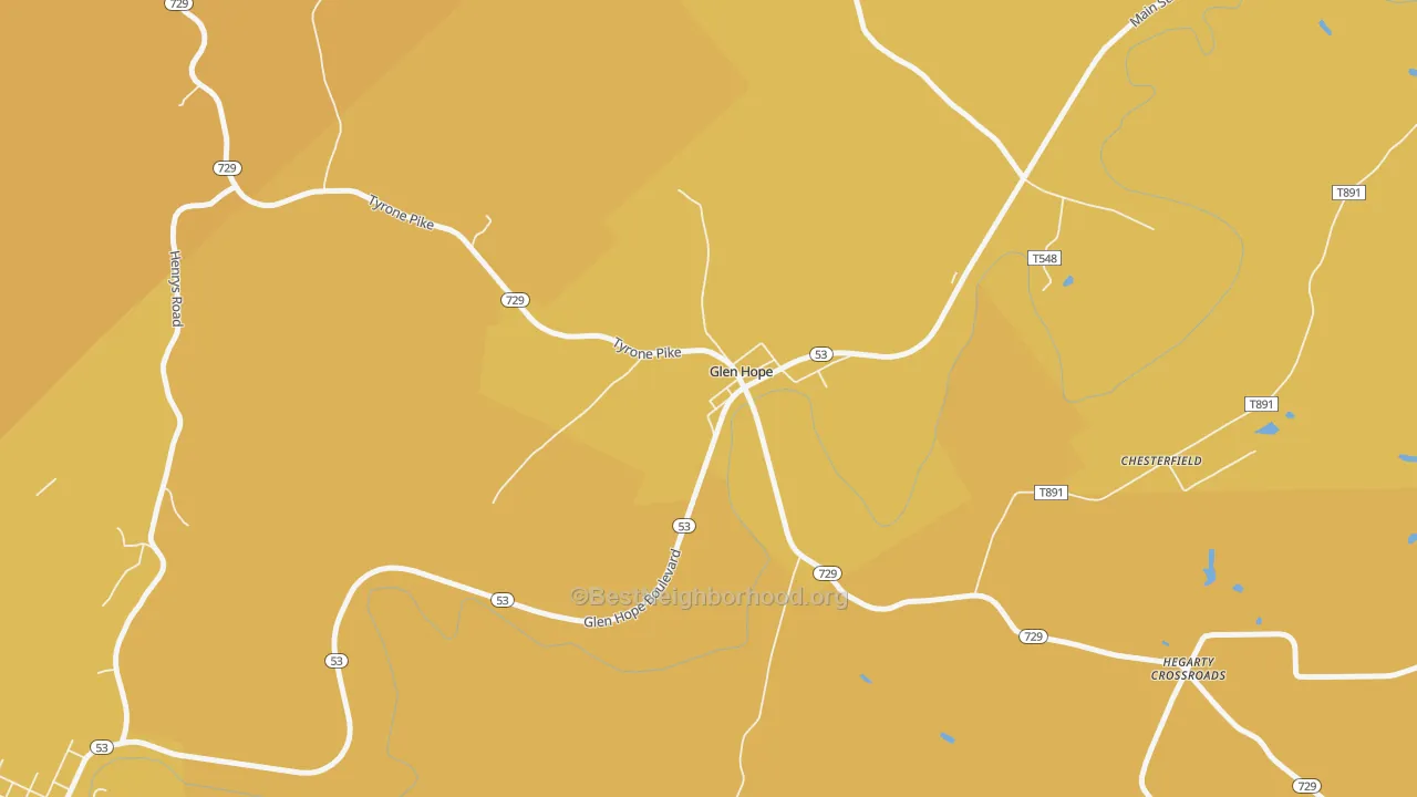 Map of the best neighborhoods in the Glen Hope area, with better matches in green and worse matches in red