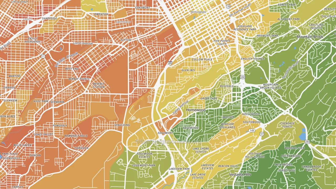 Map of the best neighborhoods in the Glen Iris, Birmingham area, with better matches in green and worse matches in red