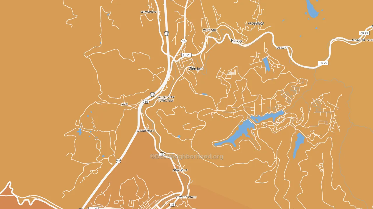 Map of the best neighborhoods in the Glen Jean area, with better matches in green and worse matches in red