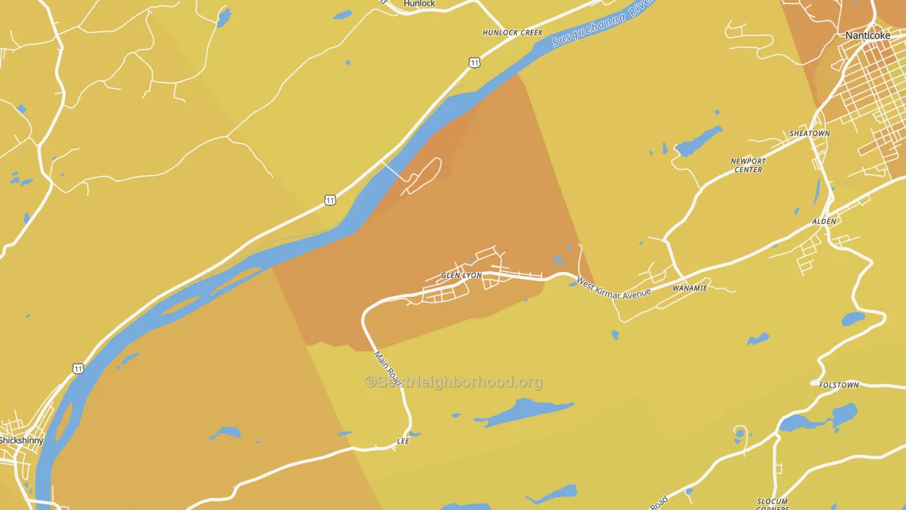 Map of the best neighborhoods in the Glen Lyon area, with better matches in green and worse matches in red