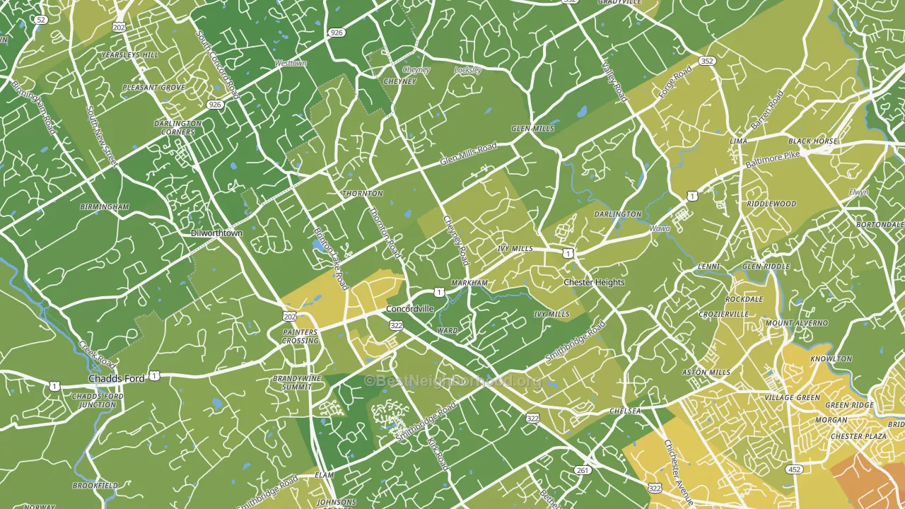 Map of the best neighborhoods in the Glen Mills area, with better matches in green and worse matches in red