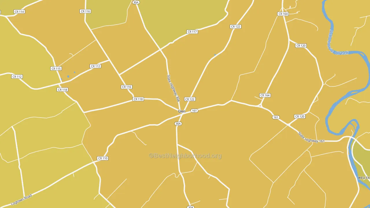 Map of the best neighborhoods in the Glen area, with better matches in green and worse matches in red