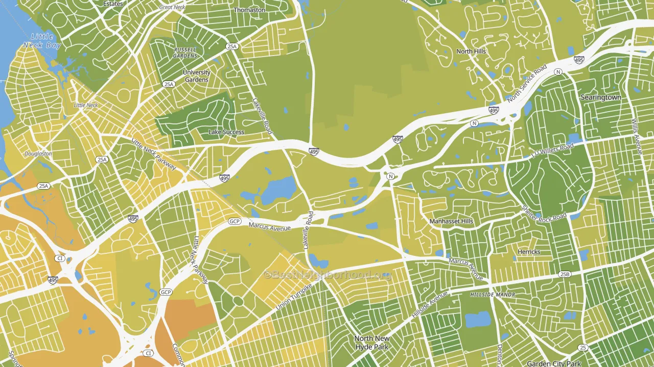 Map of the best neighborhoods in the Glen Oaks area, with better matches in green and worse matches in red