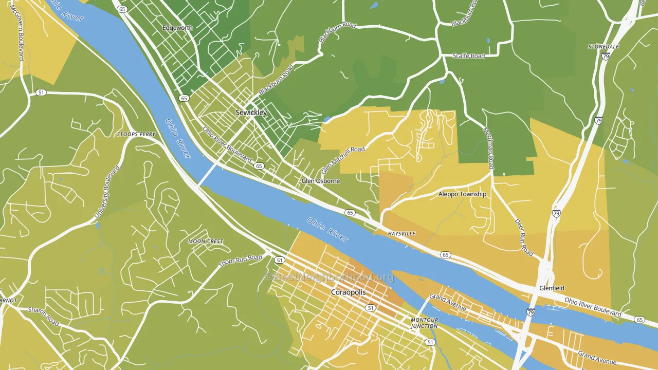 Map of the best neighborhoods in the Glen Osborne area, with better matches in green and worse matches in red