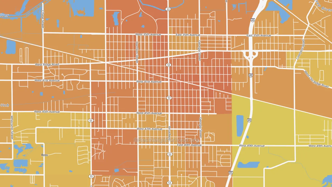 Map of the best neighborhoods in the Glen Park, Gary area, with better matches in green and worse matches in red