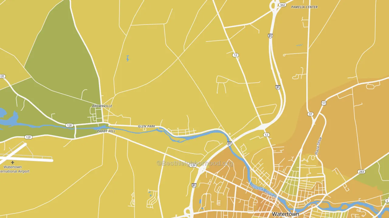 Map of the best neighborhoods in the Glen Park area, with better matches in green and worse matches in red
