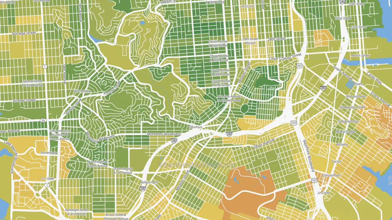 Map of the best neighborhoods in the Glen Park, San Francisco area, with better matches in green and worse matches in red