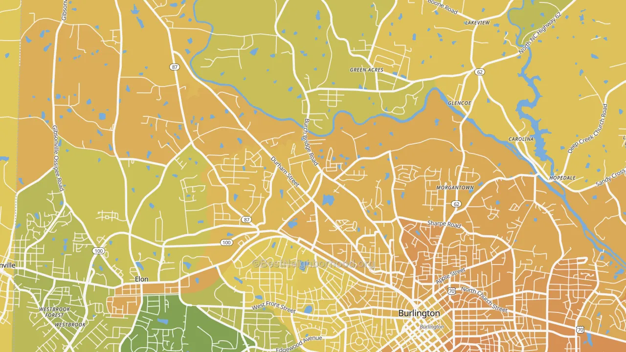 Map of the best neighborhoods in the Glen Raven area, with better matches in green and worse matches in red