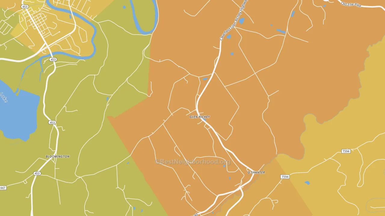 Map of the best neighborhoods in the Glen Richey area, with better matches in green and worse matches in red