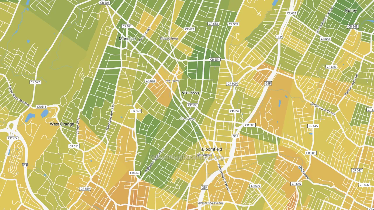 Map of the best neighborhoods in the Glen Ridge area, with better matches in green and worse matches in red
