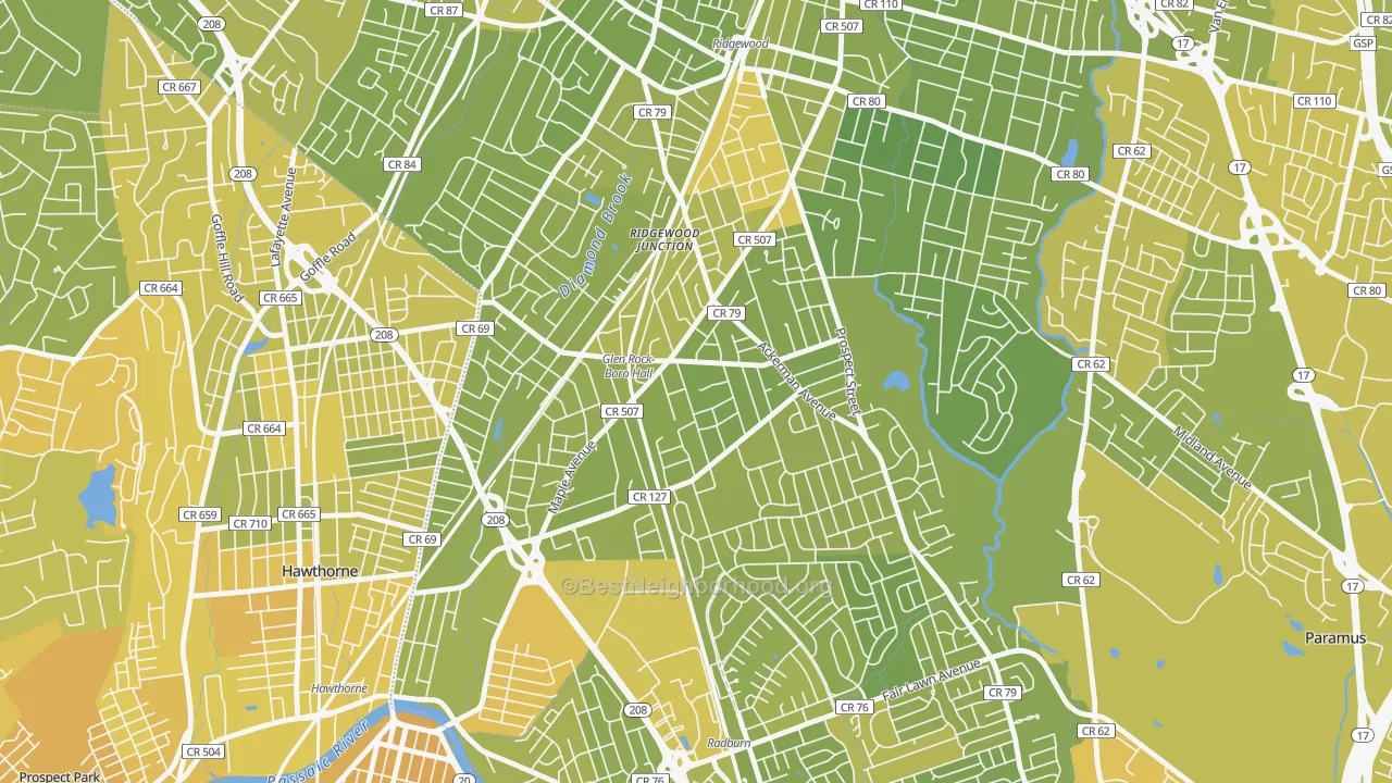 Map of the best neighborhoods in the Glen Rock area, with better matches in green and worse matches in red
