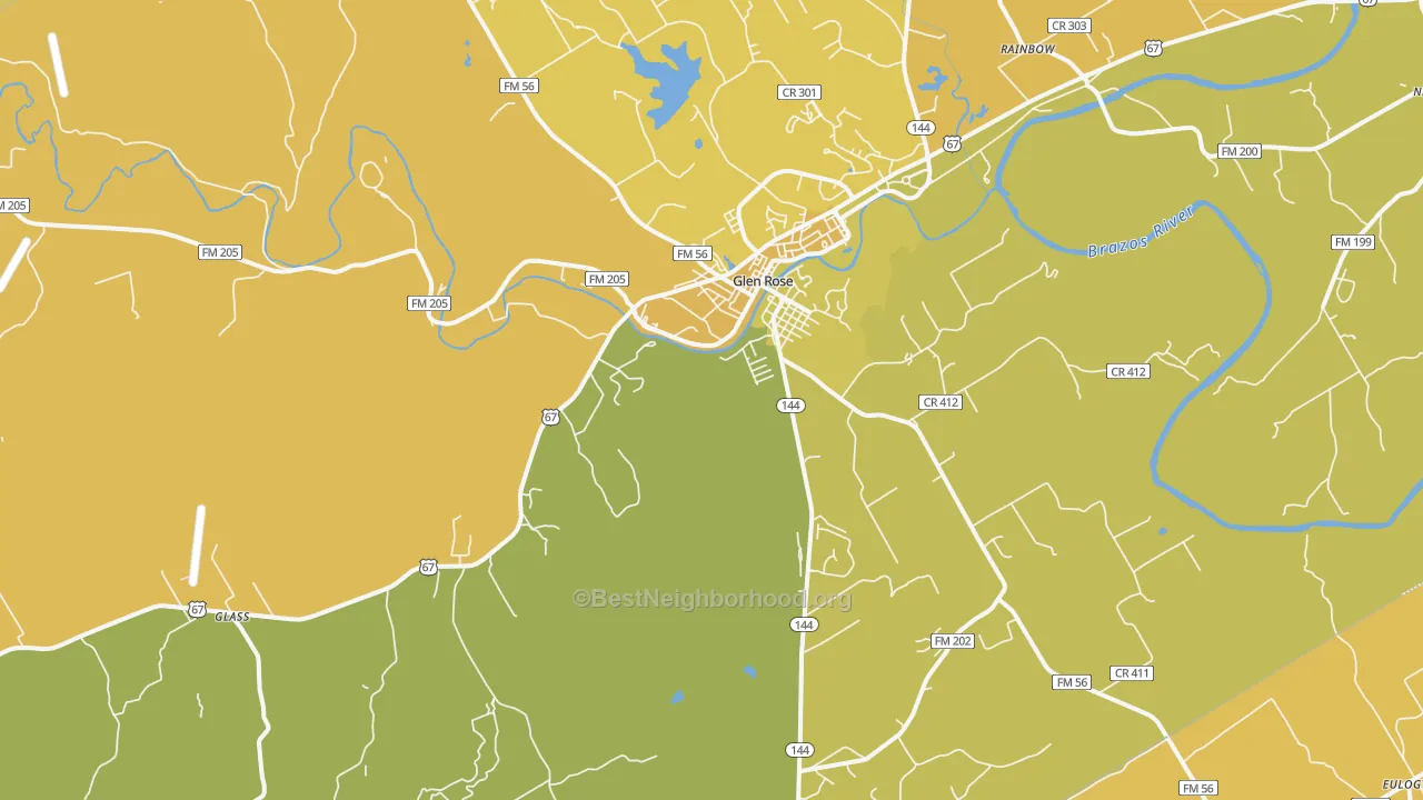 Map of the best neighborhoods in the Glen Rose area, with better matches in green and worse matches in red