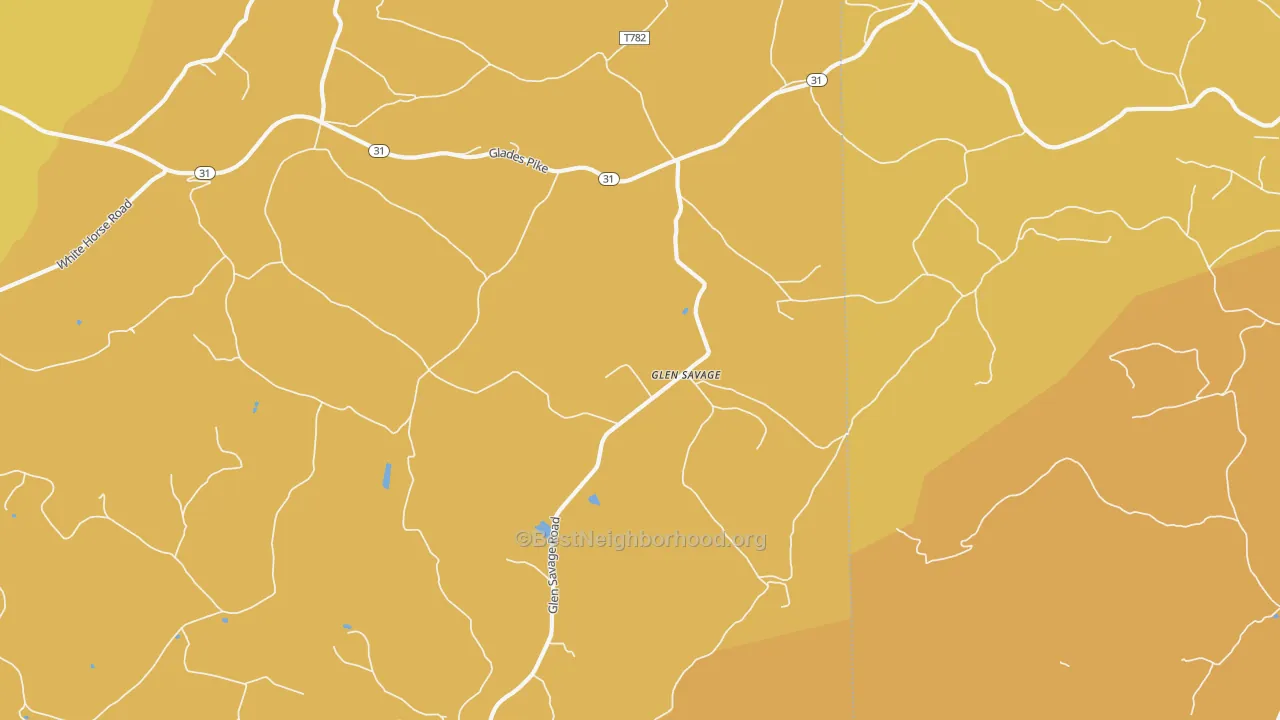 Map of the best neighborhoods in the Glen Savage area, with better matches in green and worse matches in red