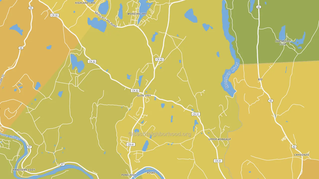 Map of the best neighborhoods in the Glen Spey area, with better matches in green and worse matches in red
