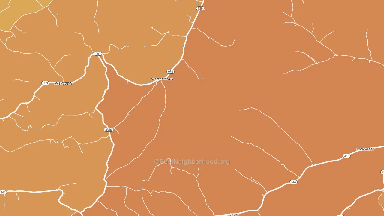 Map of the best neighborhoods in the Glen Springs area, with better matches in green and worse matches in red