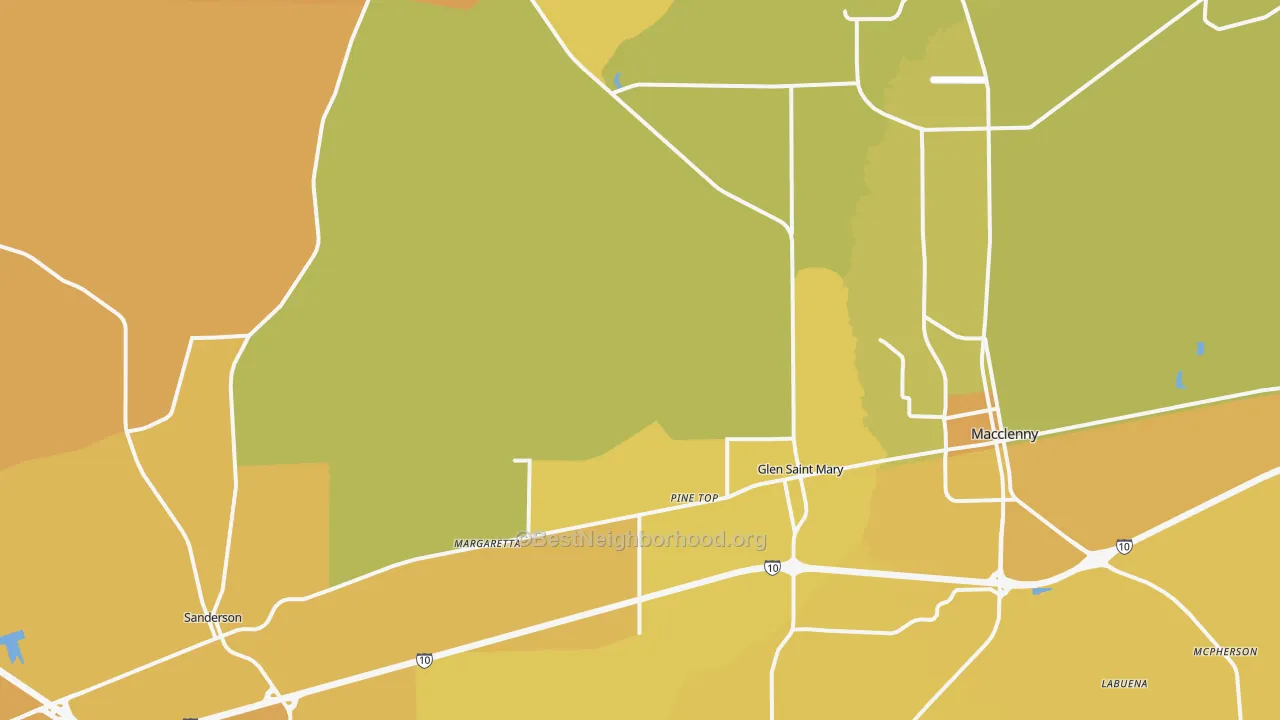 Map of the best neighborhoods in the Glen St. Mary area, with better matches in green and worse matches in red
