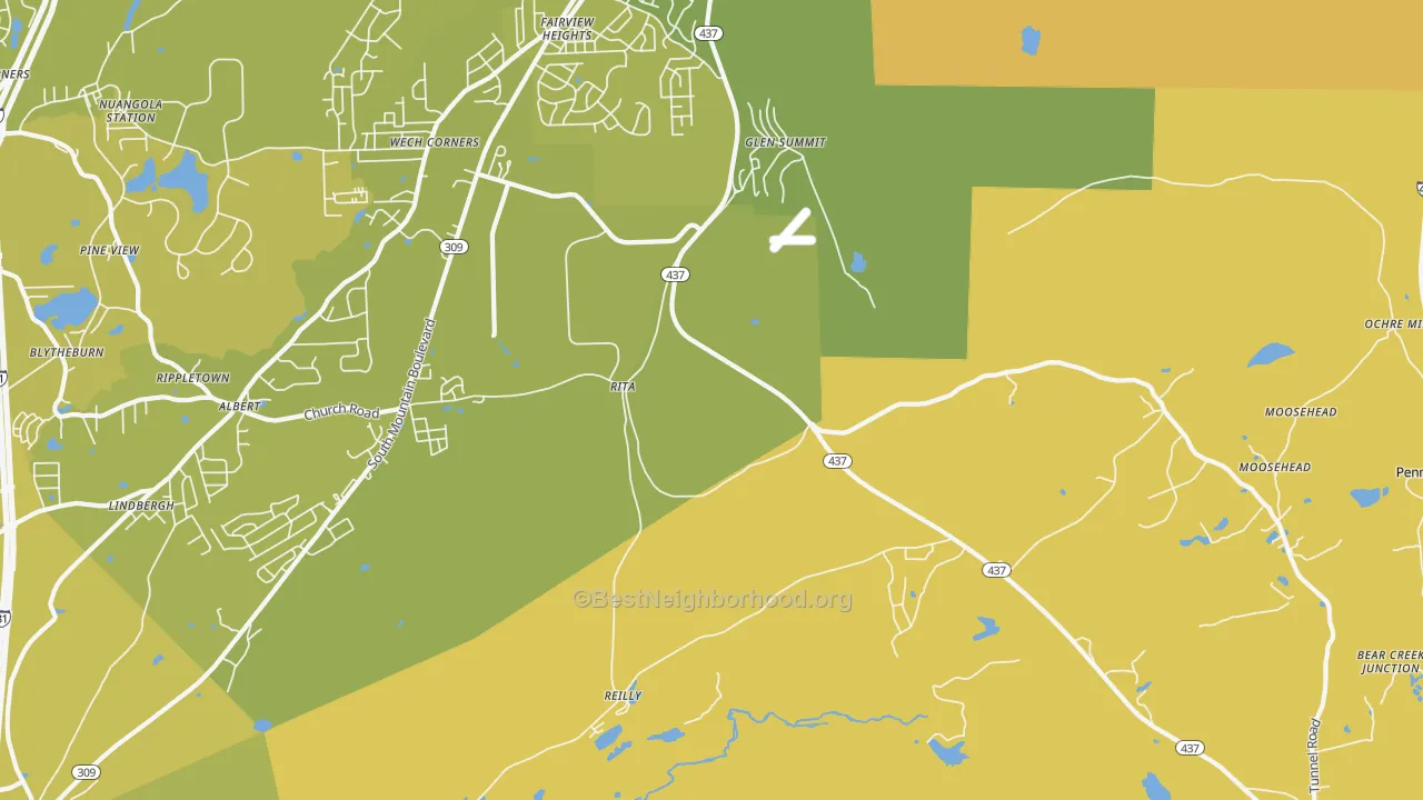 Map of the best neighborhoods in the Glen Summit area, with better matches in green and worse matches in red