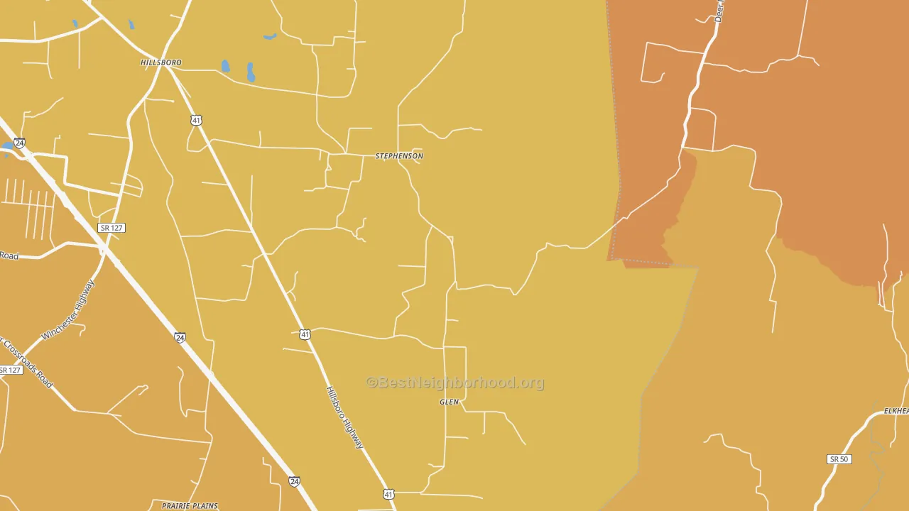 Map of the best neighborhoods in the Glen area, with better matches in green and worse matches in red