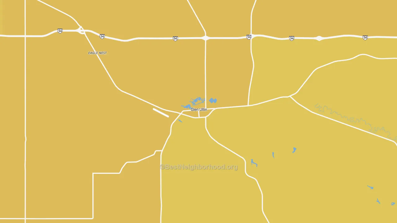 Map of the best neighborhoods in the Glen Ullin area, with better matches in green and worse matches in red