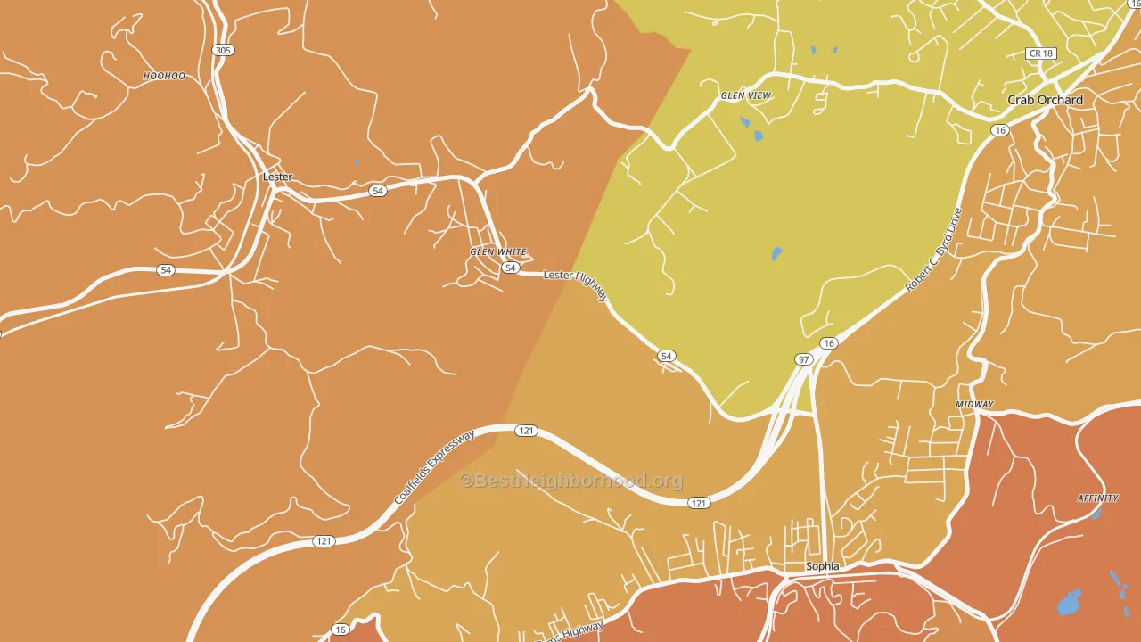 Map of the best neighborhoods in the Glen White area, with better matches in green and worse matches in red