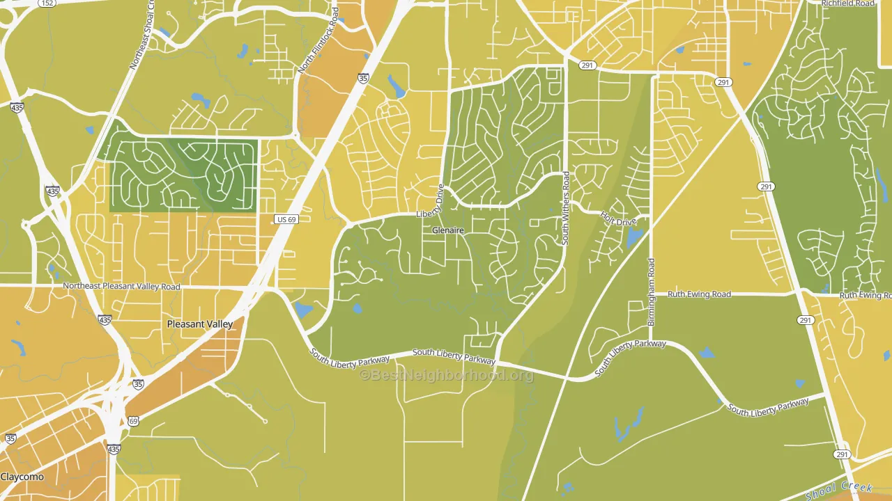 Map of the best neighborhoods in the Glenaire area, with better matches in green and worse matches in red