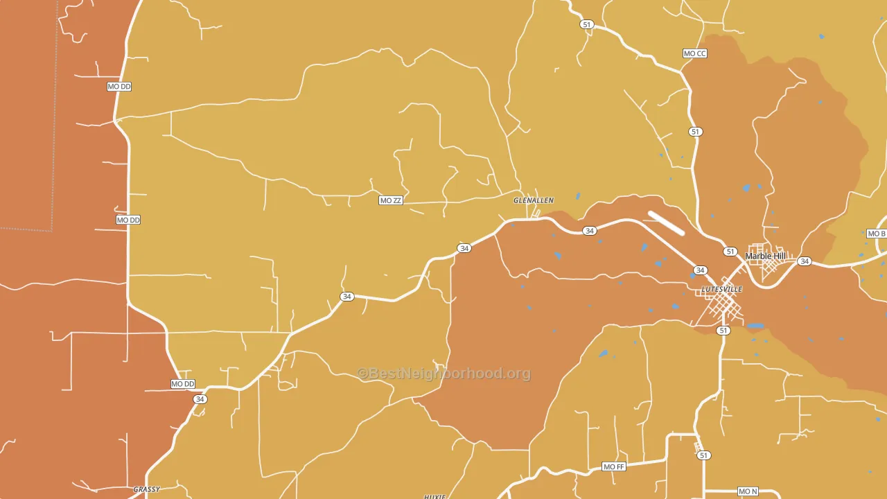Map of the best neighborhoods in the Glenallen area, with better matches in green and worse matches in red