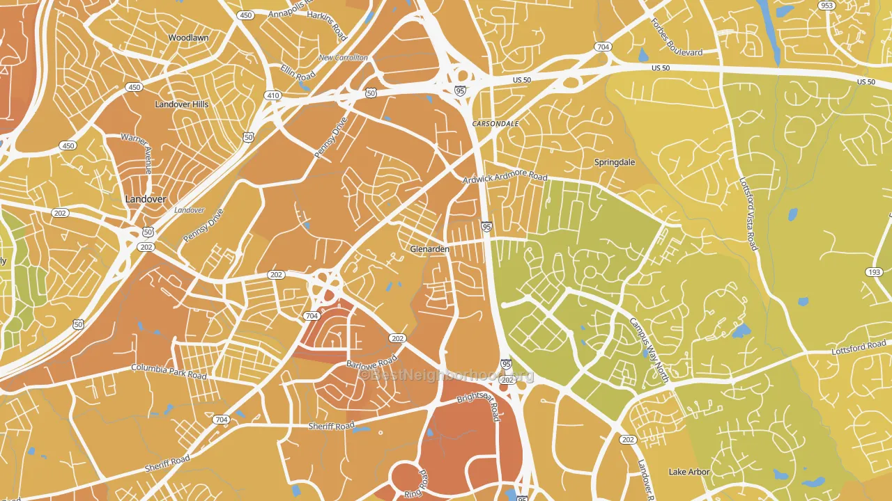 Map of the best neighborhoods in the Glenarden area, with better matches in green and worse matches in red