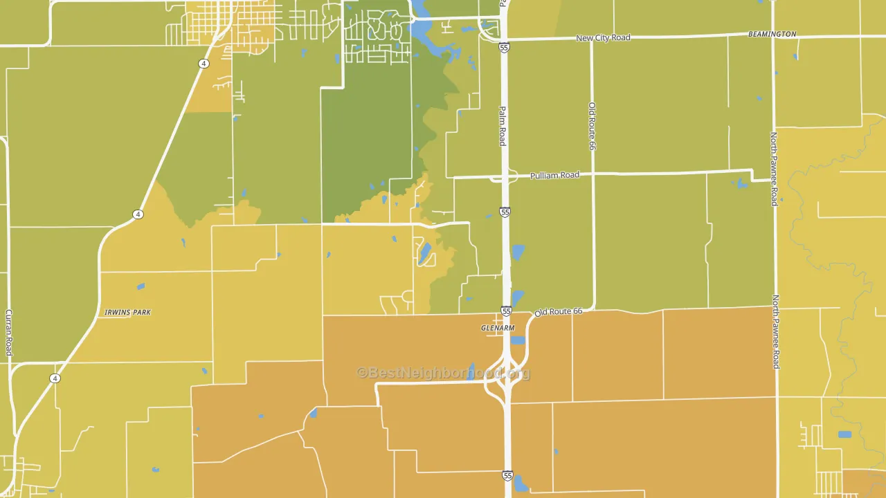 Map of the best neighborhoods in the Glenarm area, with better matches in green and worse matches in red