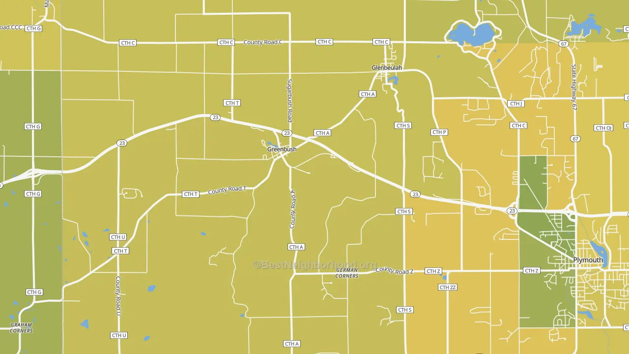Map of the best neighborhoods in the Glenbeulah area, with better matches in green and worse matches in red