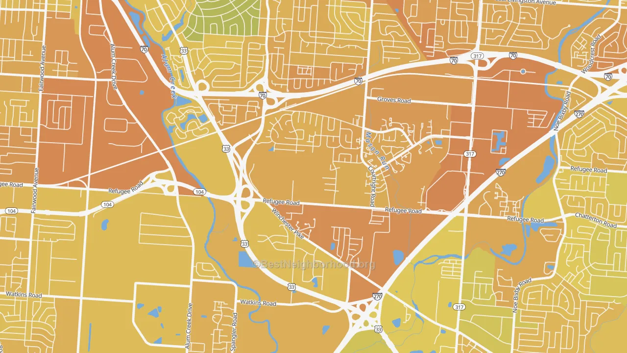 Map of the best neighborhoods in the Glenbrook, Columbus area, with better matches in green and worse matches in red