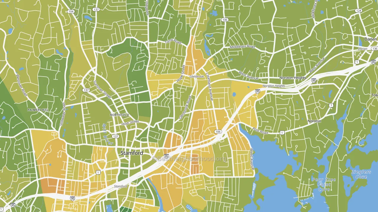 Map of the best neighborhoods in the Glenbrook, Stamford area, with better matches in green and worse matches in red
