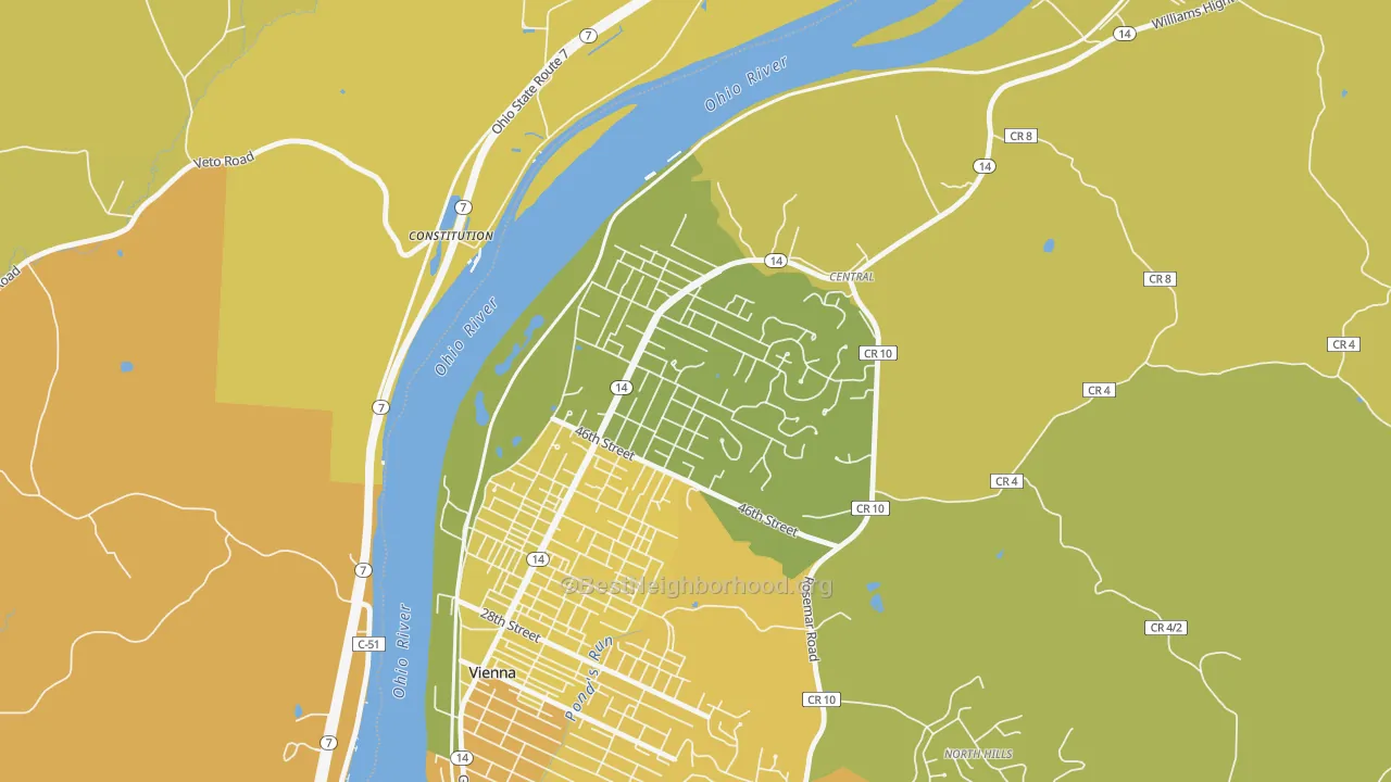 Map of the best neighborhoods in the Glenbrook, Vienna area, with better matches in green and worse matches in red